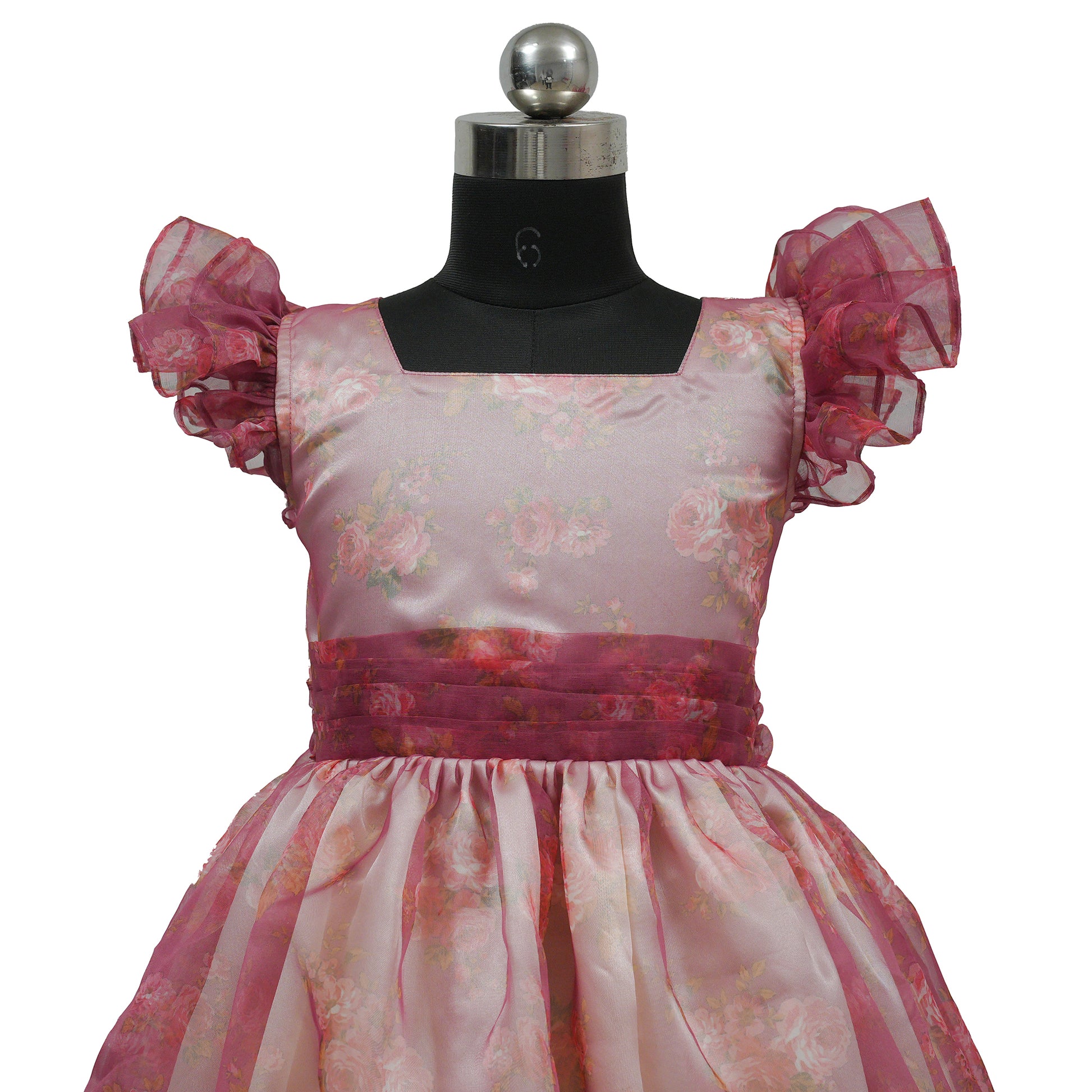 HEYKIDOO designer frock Flower Printed Organza & Satin Party Wear Frock Girls Dress-Peach