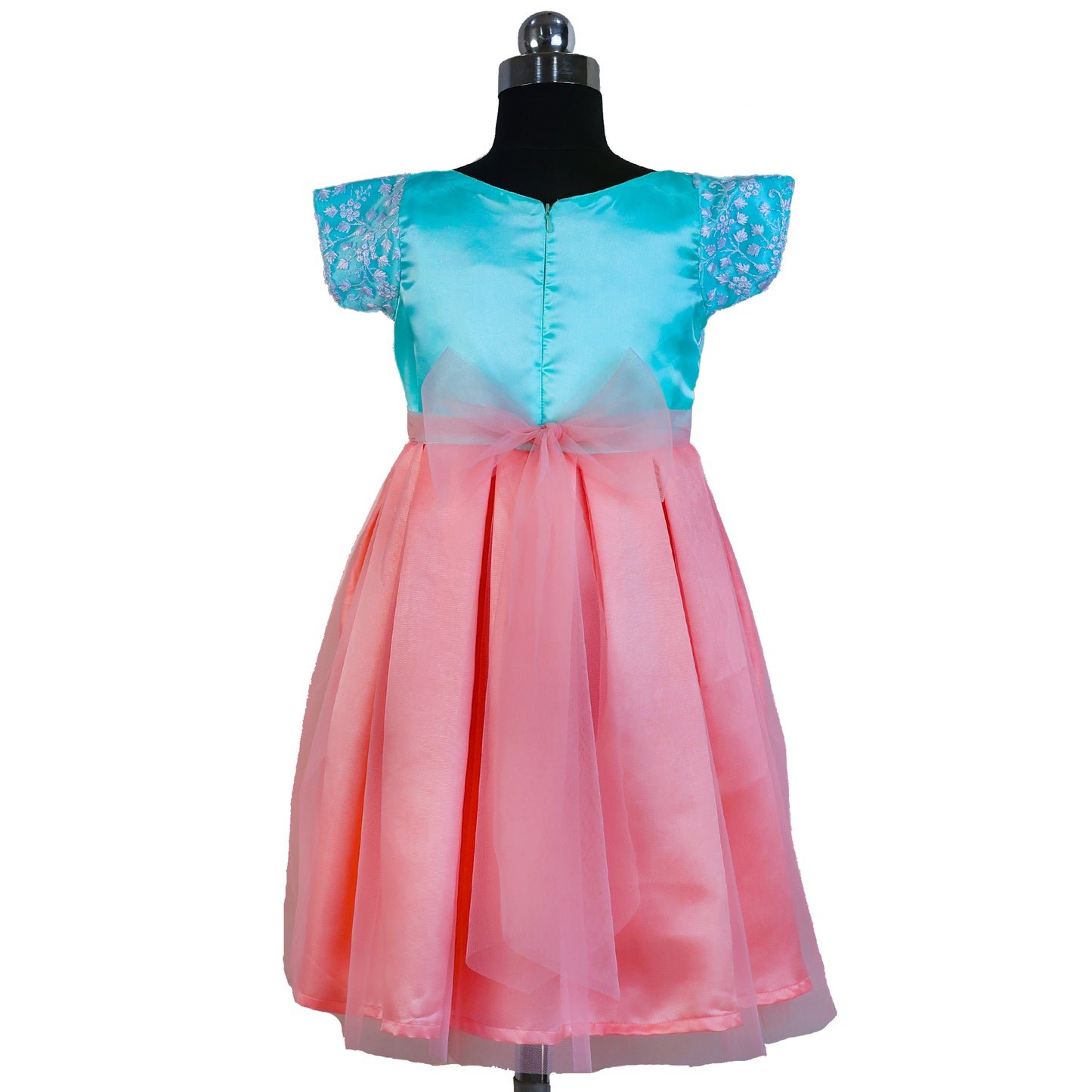 HEYKIDOO Floral Embroidered Box Pleated Girls Party Dress - Peach & Blue