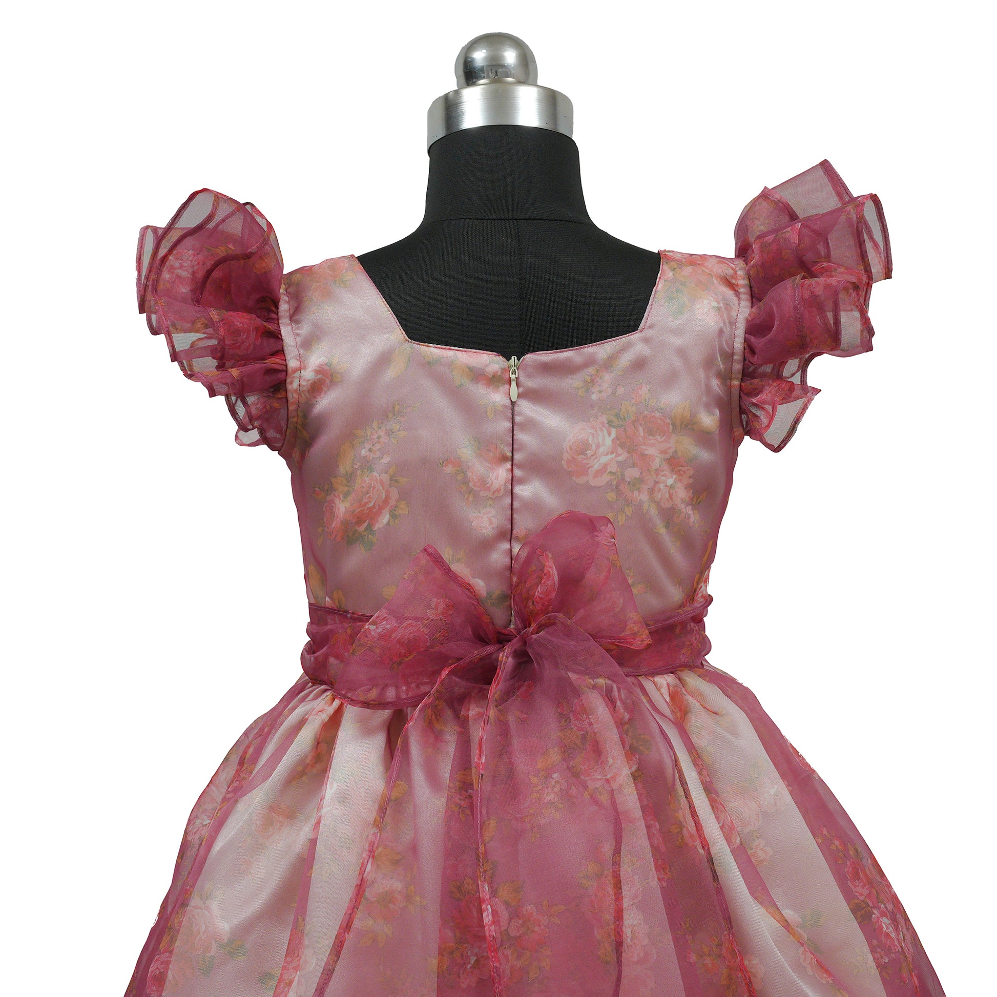 HEYKIDOO Flower Printed Organza & Satin Party Wear Frock Girls Dress-Peach