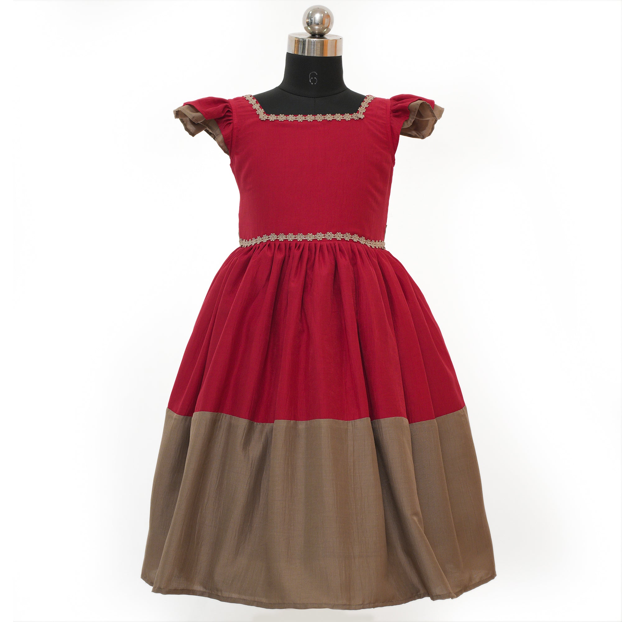 HEYKIDOO Kids Girls Party Dress Customised Frock-Red & Beige