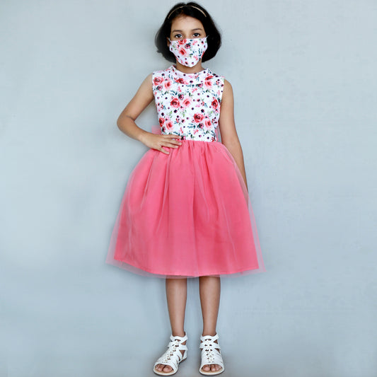 HEYKIDOO Kids Girls Flower Printed Net Casual Party Frock & Matching Mask- Peach - HEYKIDOO