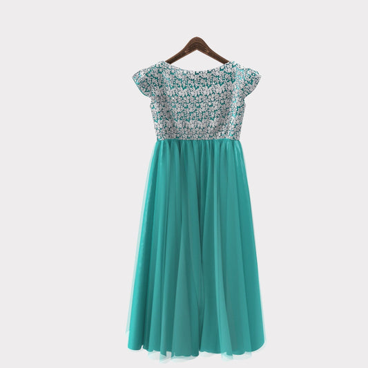 HEYKIDOO Indian boutique brand birthday frocks online dress evening party occasional wedding green silver party wear comfortable casuals trendy stylish 11 years Unique designer dress