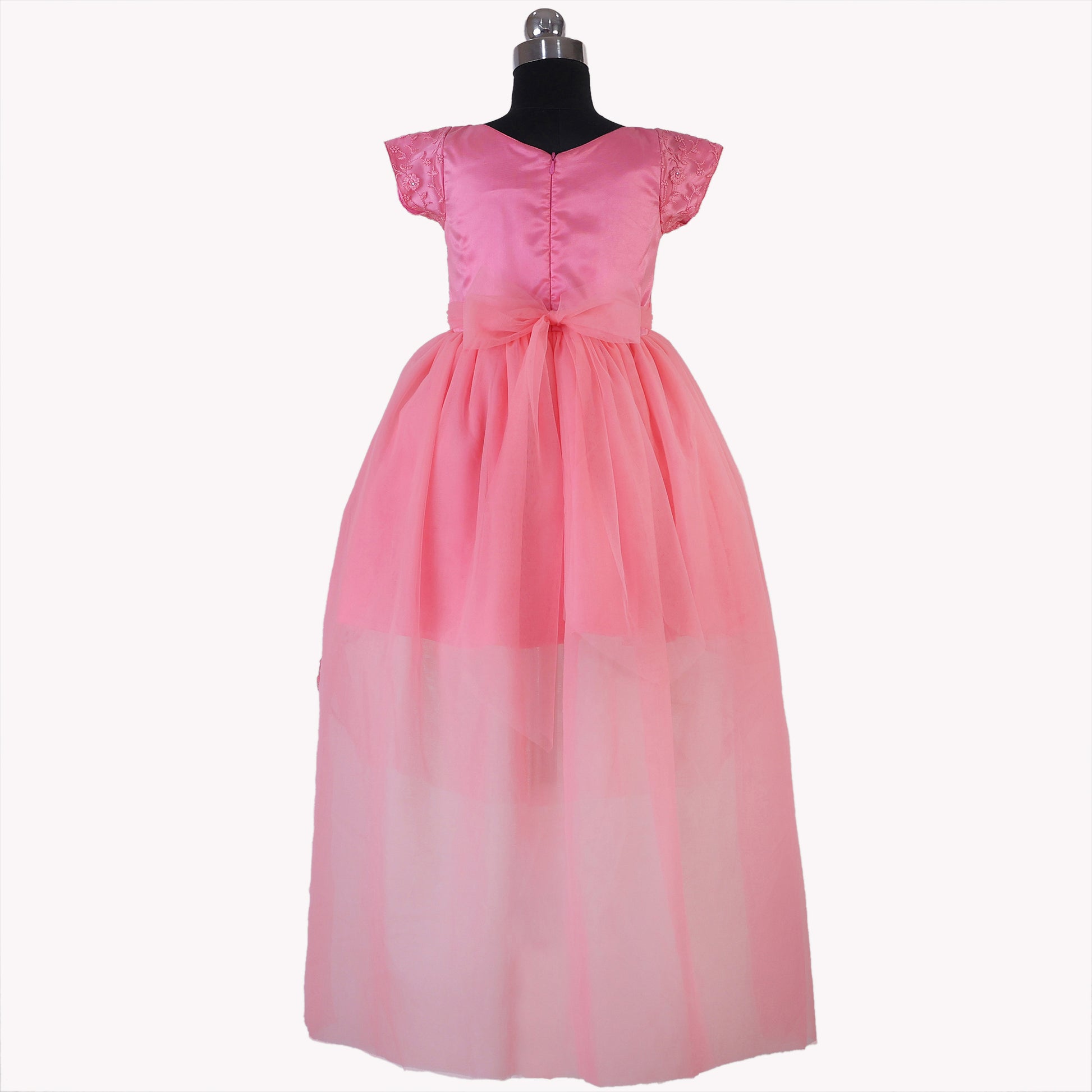 HEYKIDOO latest designer kids girls clothing stylish comfortable party frock 2023 Knee length birthday party dress floral embroidered satin elegant pink unique gown flower dress online shopping India
