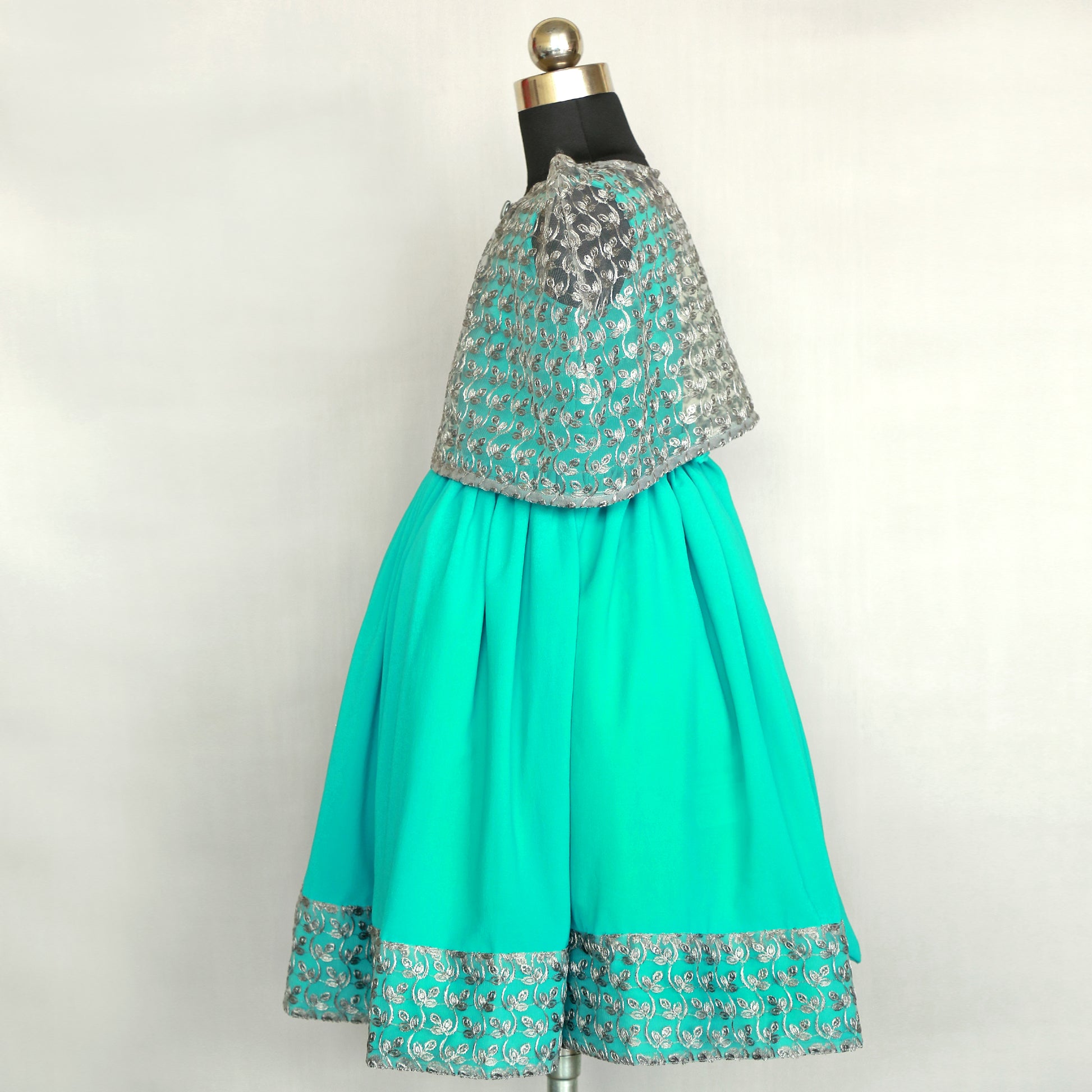 HEYKIDOO Kids Girls Embroidered Cape with Solid Party Frock-Sea Green - HEYKIDOO