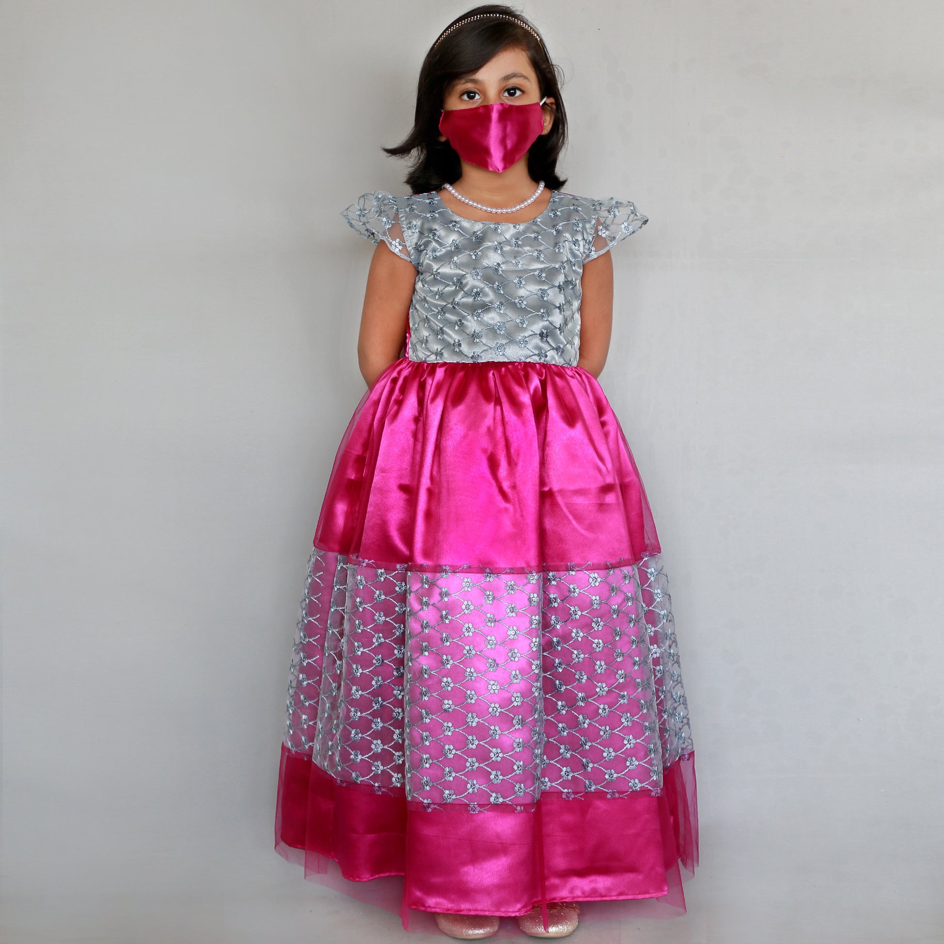 HEYKIDOO Girls Floral Embroidery Net Party Gown & Matching Mask- Pink